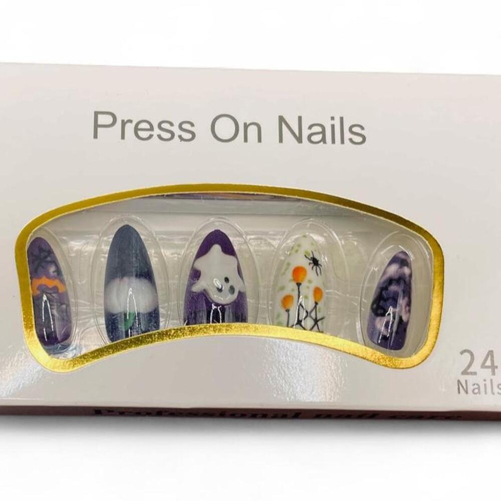 Halloween Press On Nails Almond Shape Ghost Spider Pumpkin Design 24 Nails